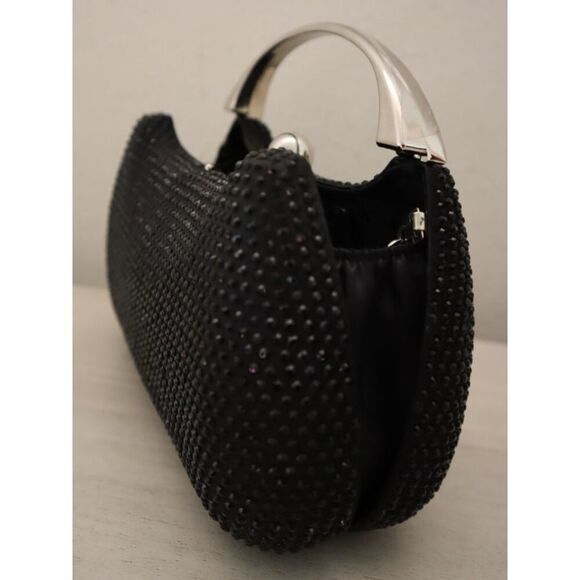 Nina Black Crystal Minaudiere w/Metal Handle & Detachable Drop-In Chain Strap - Picture 12 of 14